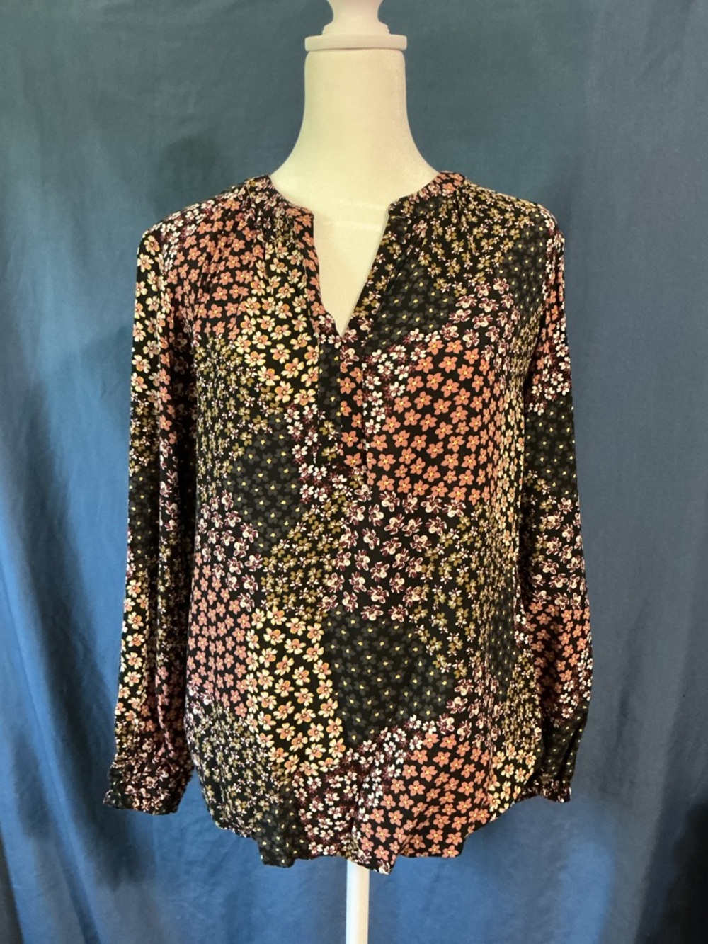 LOFT Black Floral Patchwork V-Neck Blouse